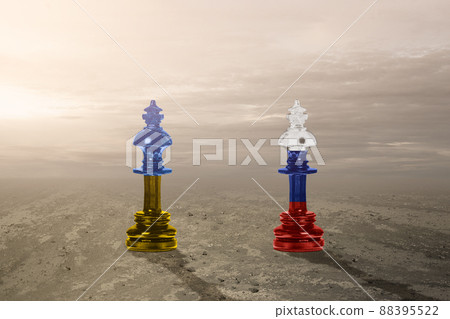 Chess piece king with a Russian flag and chess piece king with Ukraine flag 88395522
