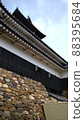 The stone wall and eaves of Inuyama Castle looking up from below 88395684