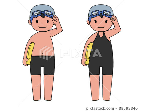Illustration of a man and a woman standing in a school swimsuit Illustration of a man and a woman standing in a school swimsuit 88395840