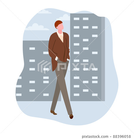 Vector illustration concept of search of work flat style. The young man, a student stands with his back to us and looking for a job modern building city background Vector illustration concept of search of work flat style. The young man, a student stands with his back to us and looking for a job modern building city background 88396058