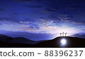 Three crosses on the hill and Jesus tomb with clouds moving on BLUE 88396237