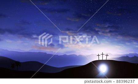 Three crosses on the hill and Jesus tomb with clouds moving on BLUE Three crosses on the hill and Jesus tomb with clouds moving on BLUE 88396237