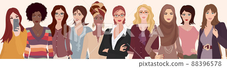 Group diversity women and girls.Portrait of multicultural and multiethnic women.Female social network community.Racial equality.Allyship.Empowerment.Colleagues or co-workers.Teamwork 88396578