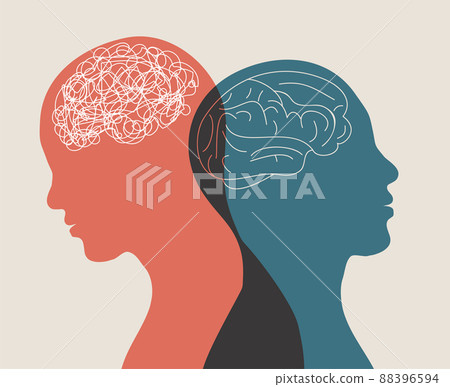 Metaphor bipolar disorder mind mental. Double face. Split personality. Concept mood disorder. 2 Head silhouette.Psychology. Mental health. Dual personality concept. Tangle and untangle Metaphor bipolar disorder mind mental. Double face. Split personality. Concept mood disorder. 2 Head silhouette.Psychology. Mental health. Dual personality concept. Tangle and untangle 88396594