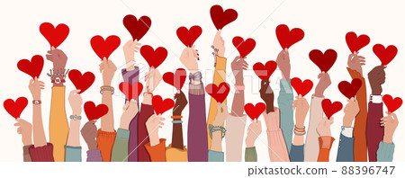 Group of raised arms and hands. Diverse people holding a heart. Charitable donation and volunteer work. Support and assistance. Multicultural and multiethnic community.Diversity of people 88396747