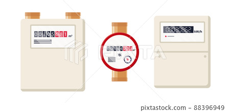Gas, water and electric meters. Industrial and household meters set. Fuel, water and electricity consumption control. Gas counter. Collection of flat vector illustrations isolated on white background 88396949