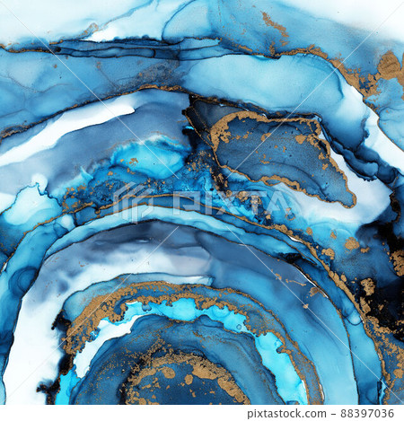 Natural luxury abstract fluid art painting in alcohol ink technique. Tender and dreamy wallpaper. Mixture of colors creating transparent waves and golden swirls. For posters, other printed materials 88397036