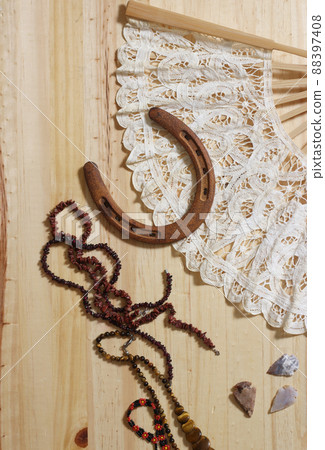 Horseshoe With Vintage Lace Fan Beads and Arrowheads 88397408