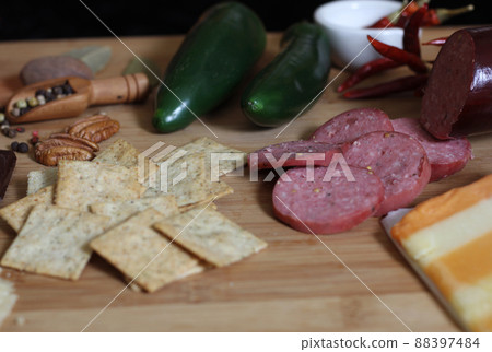 English Shires Cheese and Irish Cheese and Spices in Rustic Kitchen English Shires Cheese and Irish Cheese and Spices in Rustic Kitchen 88397484