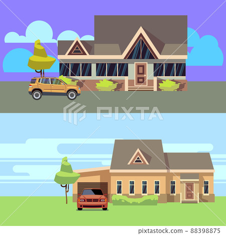 horizontal banners set with houses with cars. Flat illustration horizontal banners set with houses with cars. Flat illustration 88398875