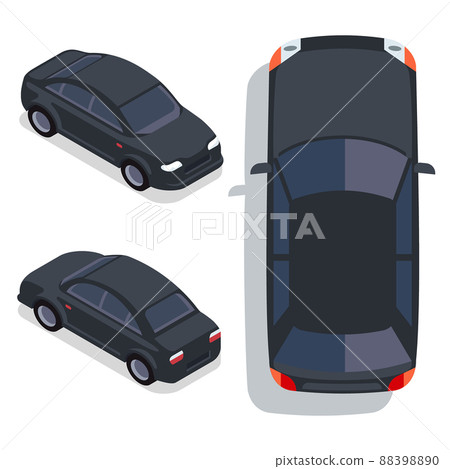 flat-style cars in different views. Black sedan flat-style cars in different views. Black sedan 88398890