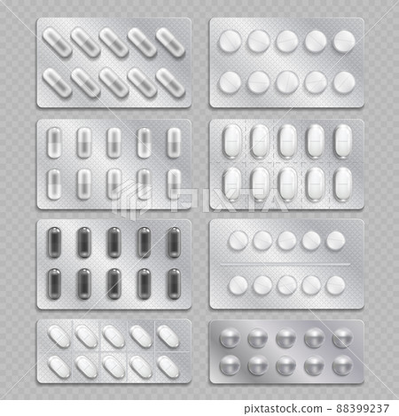 Realistic 3d drugs packaging, painkiller pills isolated on background Realistic 3d drugs packaging, painkiller pills isolated on background 88399237