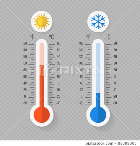 Hot and cold meteorology thermometers on background Hot and cold meteorology thermometers on background 88399303