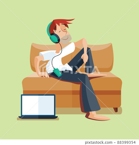 Man resting on sofa with music Man resting on sofa with music 88399354