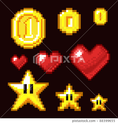 Video game 8 bit assets isolated. Coin, star and heart pixel retro icons in different size 88399655
