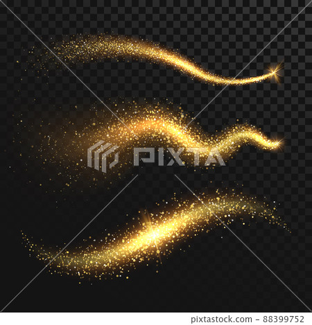 Golden glittering dust tails. Shimmering gold waves with sparkles set 88399752