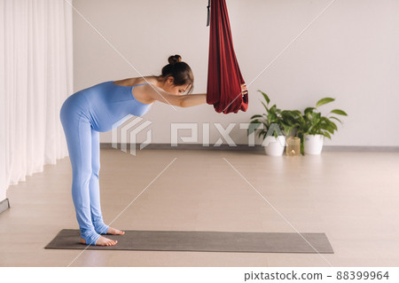 Pregnant girl. A woman does yoga on a hammock in the gym. The concept of a healthy lifestyle, Motherhood 88399964