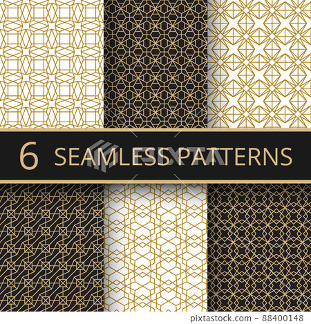 Trendy gold geometric seamless patterns with simple golden line shapes 88400148