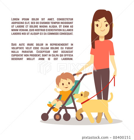 Young mother with baby carriage kid and dog - motherhood poster design 88400151