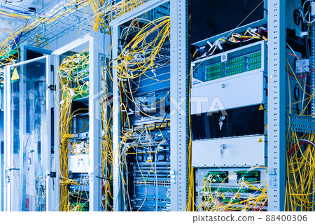 data center with servers and fiber optics cables 88400306