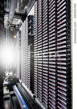 rows of data cloud hardware inside data center 88400309