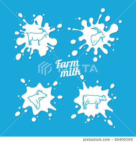 Cow and goat milk emblem - farm milk splashes with outline goat and cow 88400569