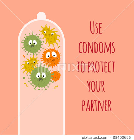 Conceptual poster with a condom and microbes Conceptual poster with a condom and microbes 88400696
