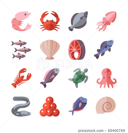 Seafood delicacies and cooking fish flat icons isolated on white 88400789
