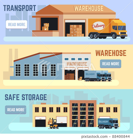 Warehouse, shipping transportation and delivering service horizontal banner set Warehouse, shipping transportation and delivering service horizontal banner set 88400844