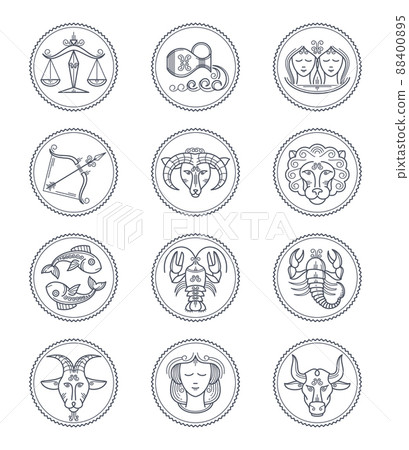 Zodiac astrology line icons. Aries and taurus, gemini and cancer, leo and virgo, libra and scorpio, sagittarius and capricorn, aquarius and pisces signs Zodiac astrology line icons. Aries and taurus, gemini and cancer, leo and virgo, libra and scorpio, sagittarius and capricorn, aquarius and pisces signs 88400895