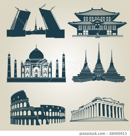 silhouettes of world tourist attractions. Famous landmarks and destination symbols silhouettes of world tourist attractions. Famous landmarks and destination symbols 88400913