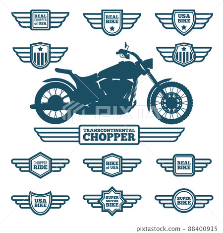 Sport motorbike silhouette and vintage wing labels. Bikers ride retro winged logos set Sport motorbike silhouette and vintage wing labels. Bikers ride retro winged logos set 88400915