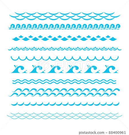 Blue ocean waves. Sea wave silhouette signs. Water graphic elements isolated Blue ocean waves. Sea wave silhouette signs. Water graphic elements isolated 88400961