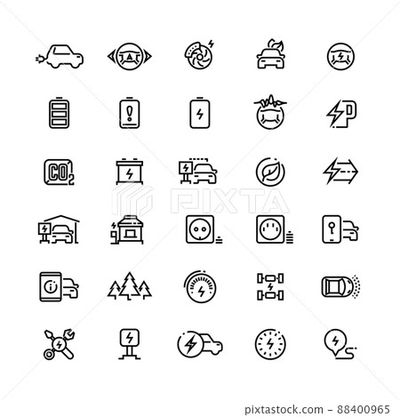 Electric cars line icons. Hybrid battery vehicles and green transport symbols Electric cars line icons. Hybrid battery vehicles and green transport symbols 88400965