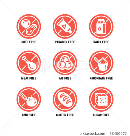 Food dietary symbols. Gmo free, no gluten, sugarless and allergy icons set 88400972