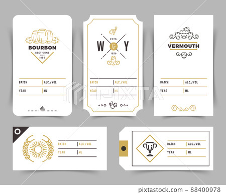 Vintage alcoholic drinks bottle labels and price tags in line art style Vintage alcoholic drinks bottle labels and price tags in line art style 88400978