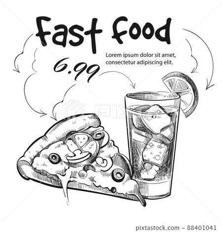 Fast food snack isolated on white - hand drawn pizza and cold drink 88401041