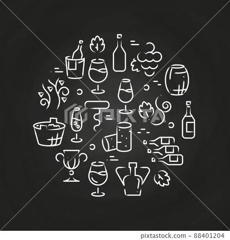 Drinks line icons - wine logo on chalkboard Drinks line icons - wine logo on chalkboard 88401204