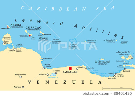 Leeward Antilles political map. Chain of islands in the Caribbean. From Aruba, Curacao and Bonaire to La Tortuga and Margarite Island. Southerly islands of Lesser Antilles, north the Venezuelan coast. 88401450