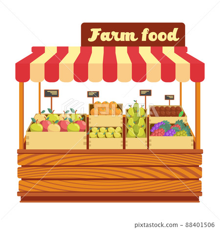Market wood stand with farm food and vegetables in box illustration Market wood stand with farm food and vegetables in box illustration 88401506