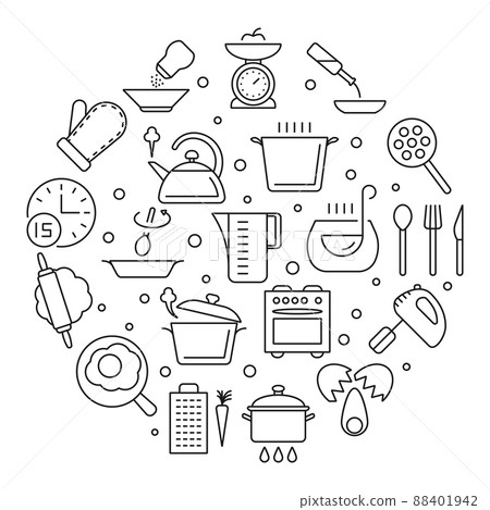 Cooking foods and kitchen tools thin line icons - Stock Illustration ...