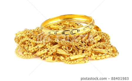 Group of gold jewelry - bracelet, necklace isolated on white 88401983