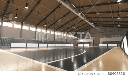 Basketball court with hoop and tribune mockup, side view Basketball court with hoop and tribune mockup, side view 88402818