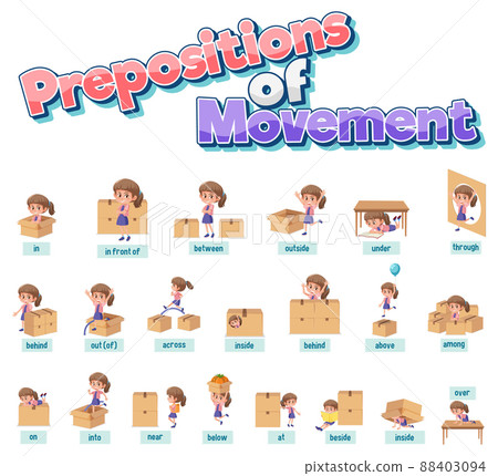 Preposition wordcard with girl and boxes 88403094