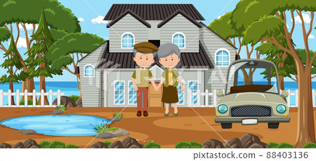 Old couple standing in front of house Old couple standing in front of house 88403136