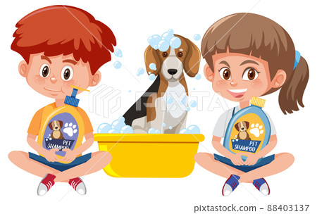 Children with their beagle dog bathing Children with their beagle dog bathing 88403137