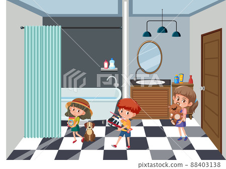 Bathroom with children holding their toys Bathroom with children holding their toys 88403138