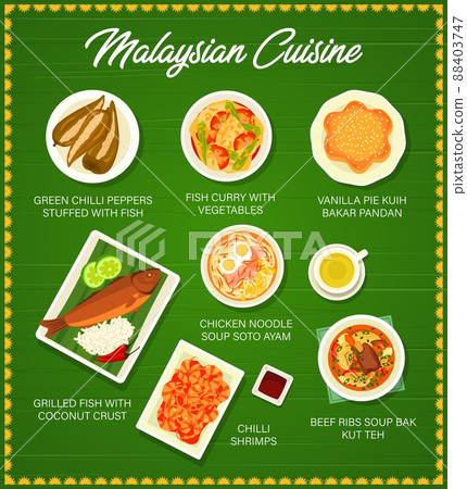 Malaysian cuisine menu page template. Chilli peppers stuffed with fish, fish curry and vanilla pie Kuih Bakar Pandan, Soto Ayam soup, grilled fish with coconut and chilli shrimps, soup Bak Kut Teh 88403747