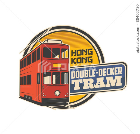 Double decker tram, Hong Kong travel vector icon of tourism. Electric red rail tram of Hong Kong. Isolated round symbol of sightseeing tours and public transport theme 88403750