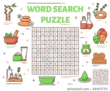 Spa and face beauty, skin health care word search puzzle quiz, game worksheet. Children logical riddle or educational puzzle, kids educational game with bathing cosmetics, spa stones and face mask Spa and face beauty, skin health care word search puzzle quiz, game worksheet. Children logical riddle or educational puzzle, kids educational game with bathing cosmetics, spa stones and face mask 88403759